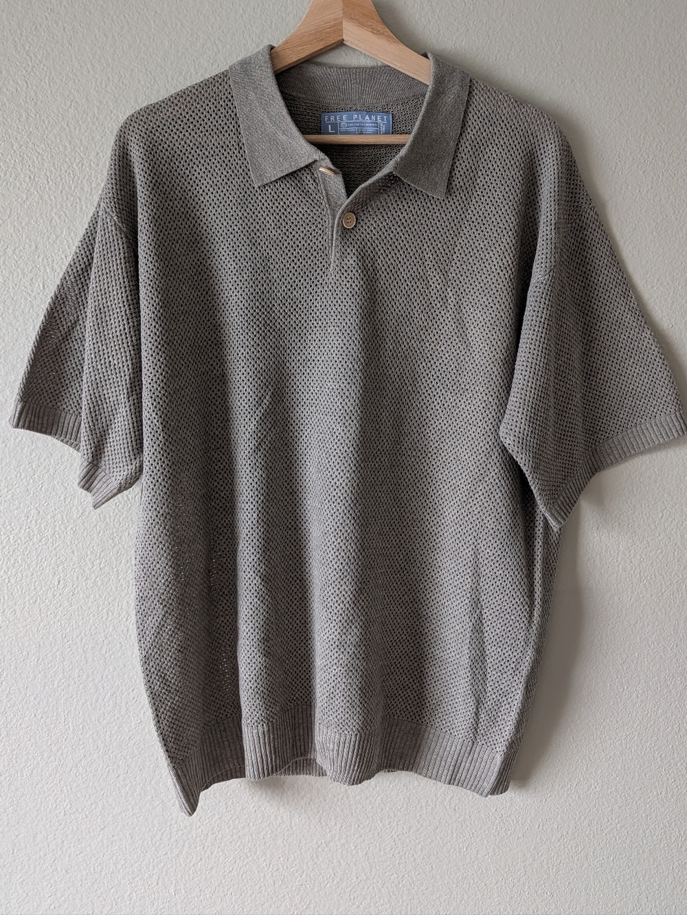 Free Planet Mens Open Knit Short Sleeve Polo Camp Taupe Gray Large